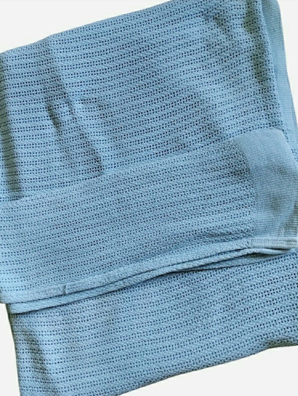 Vintage Woven Cotton Blanket Coastal Cellular Terry 90x72 Robin's Egg USA Made